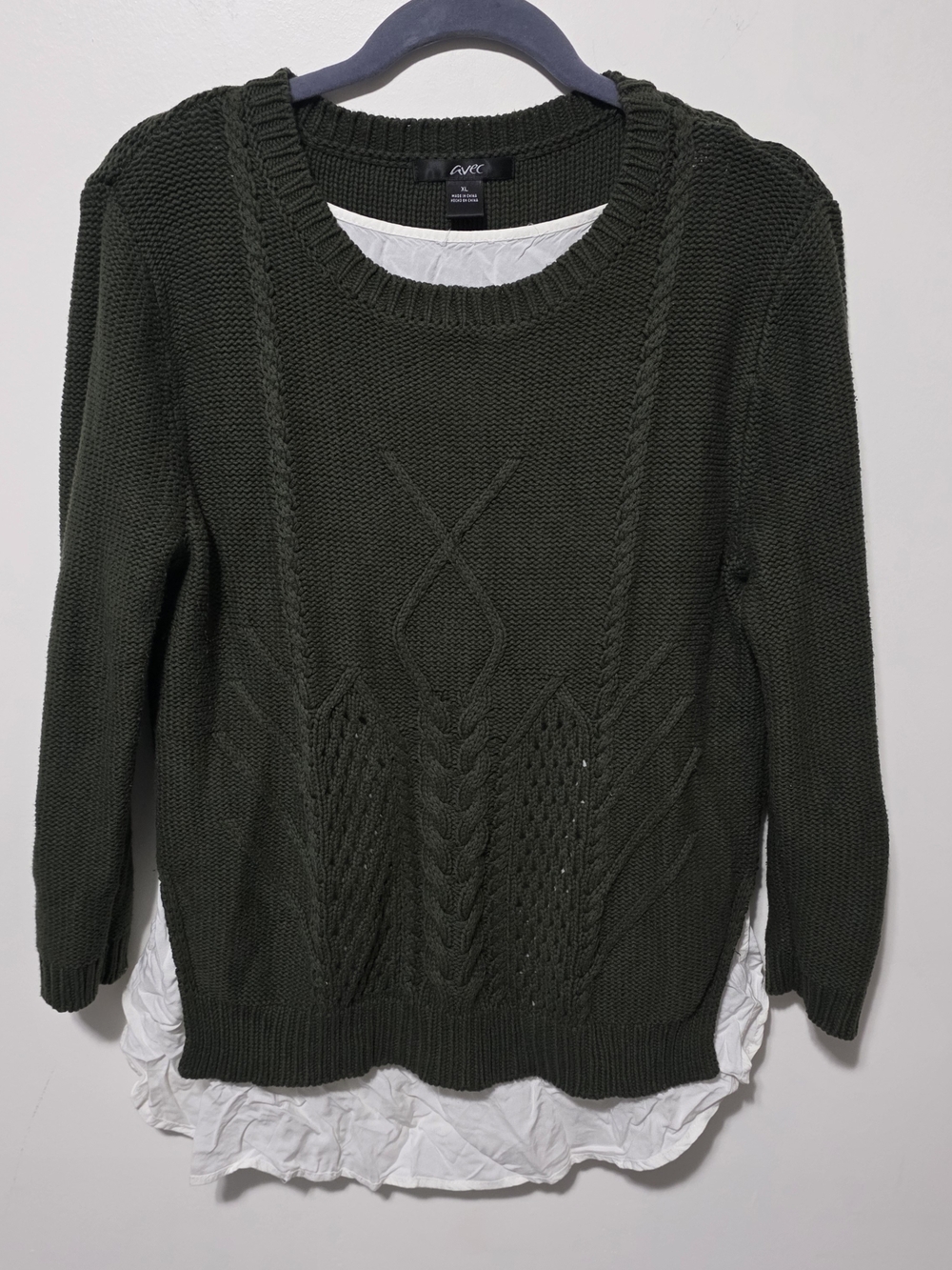 Avec Olive Green Cable Knit Crew Sweater with Layered Hem